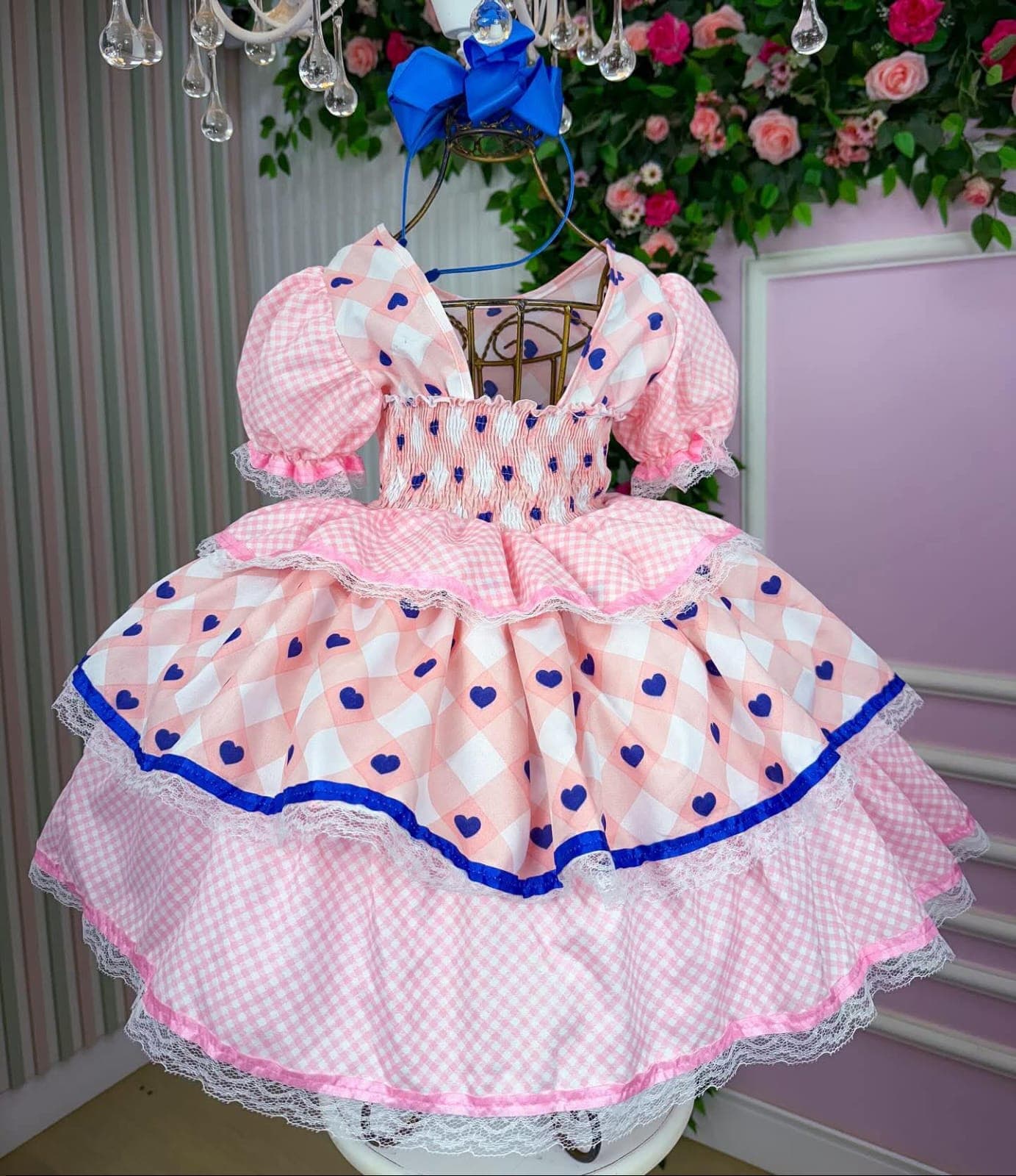 Vestido junino rosa/azul marinho