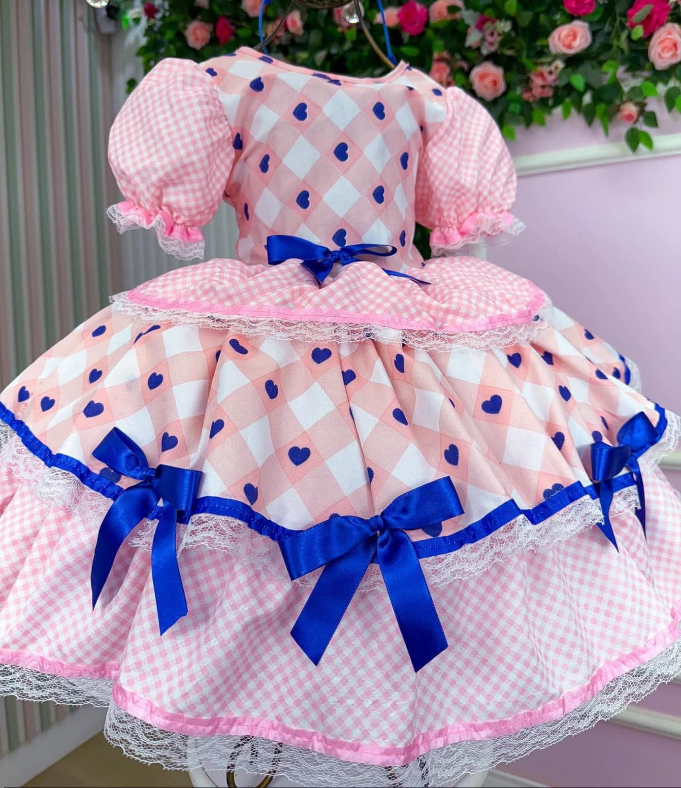 Vestido junino rosa/azul marinho