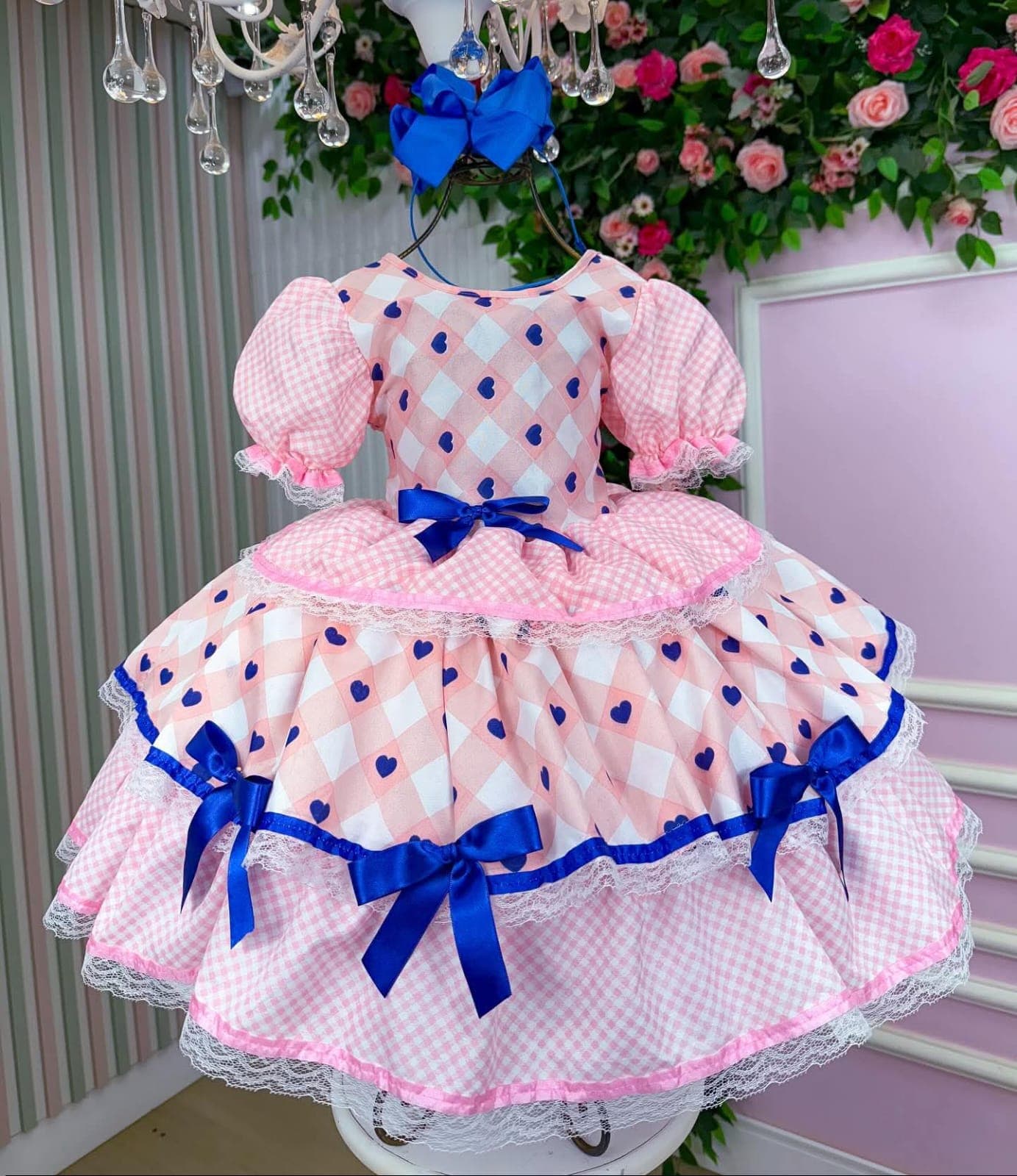 Vestido junino rosa/azul marinho