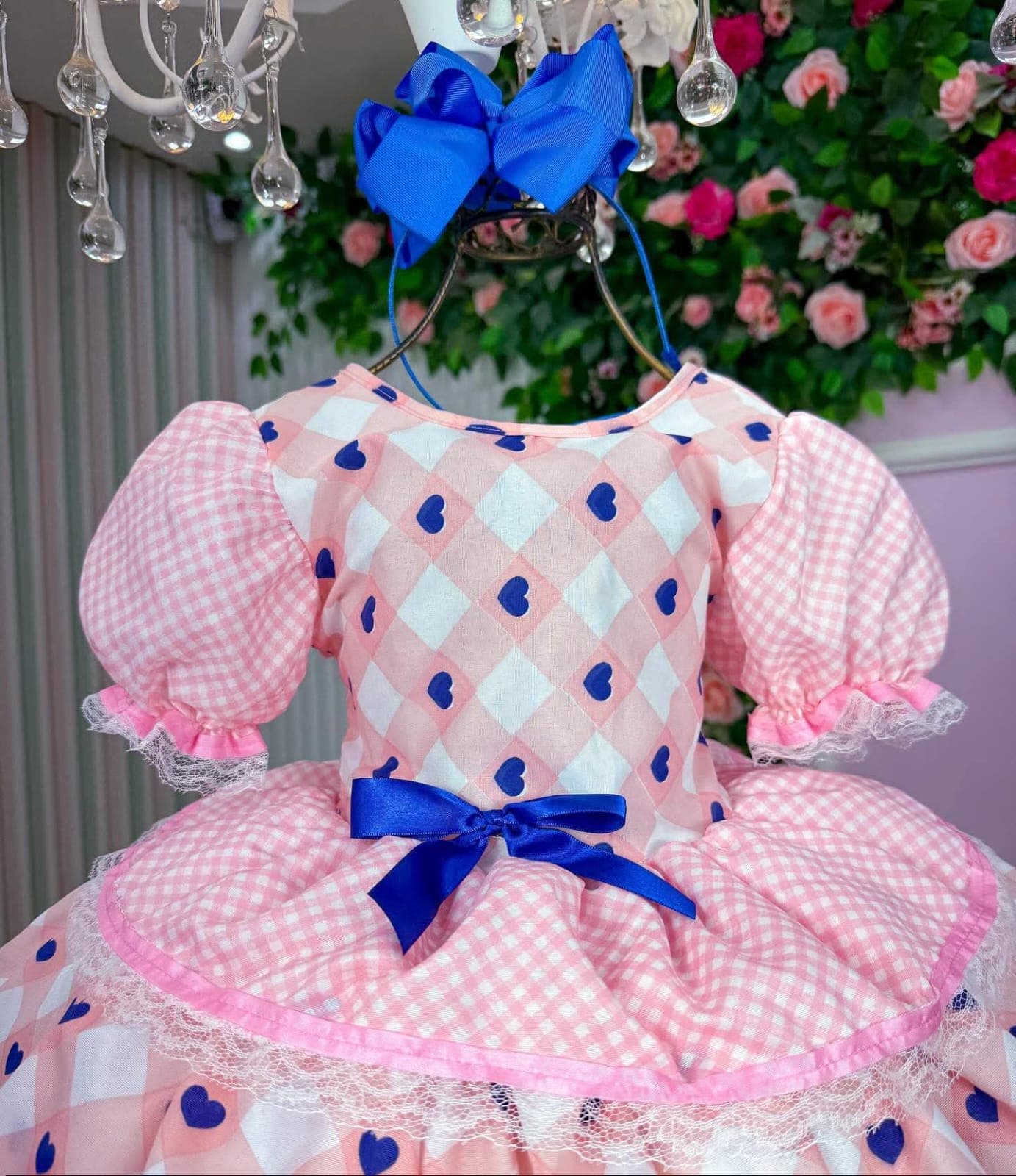 Vestido junino rosa/azul marinho