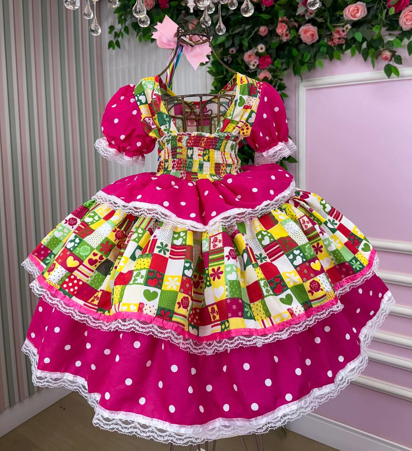 vestido  junino rosa/amarelo/verde