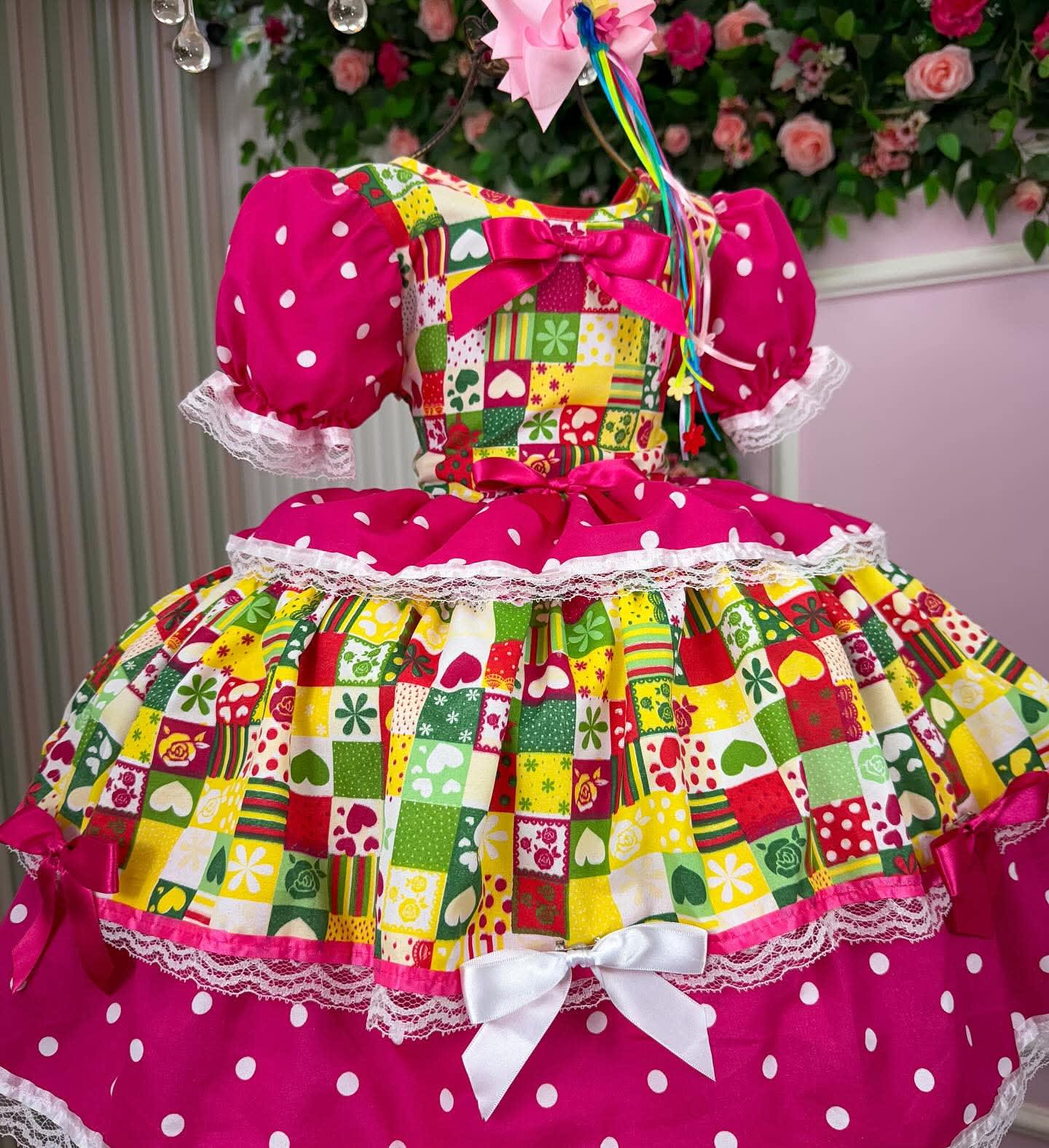 vestido  junino rosa/amarelo/verde