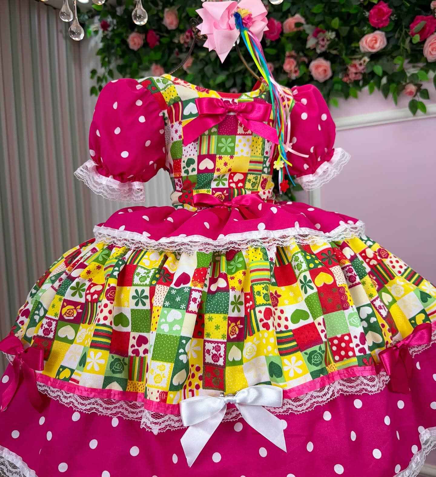 vestido  junino rosa/amarelo/verde