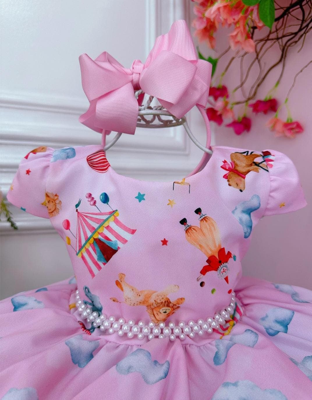 Vestido Infantil Circo Rosa Floral C/ Cinto Pérolas 
