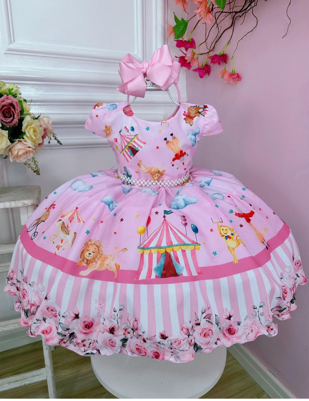 Vestido Infantil Circo Rosa Floral C/ Cinto Pérolas 