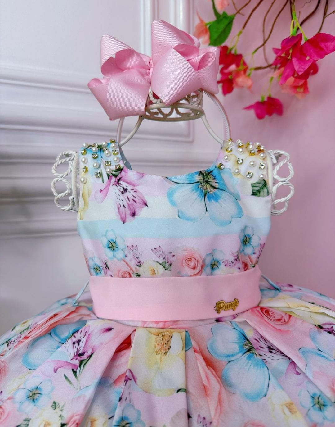 Vestido Infantil Floral Rosa Claro Pérolas e Strass Luxo