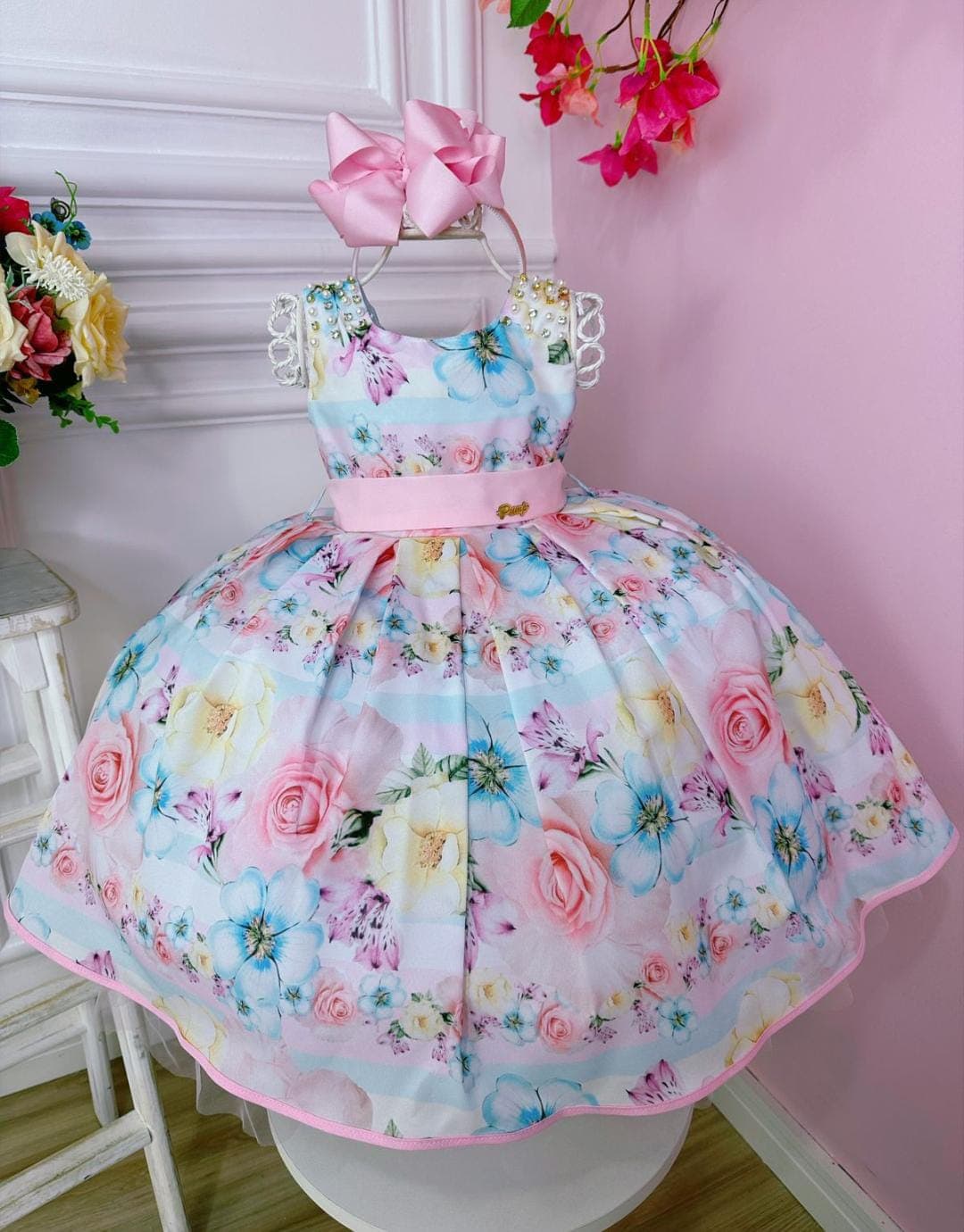 Vestido Infantil Floral Rosa Claro Pérolas e Strass Luxo