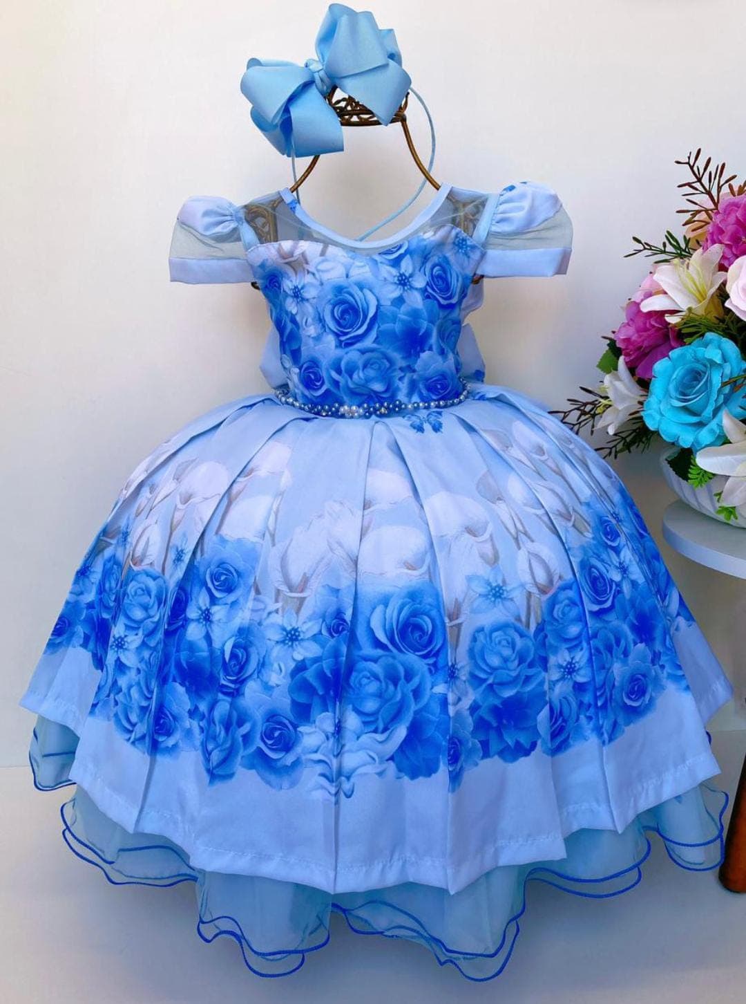 Vestido Infantil Azul Floral Luxo Pérolas