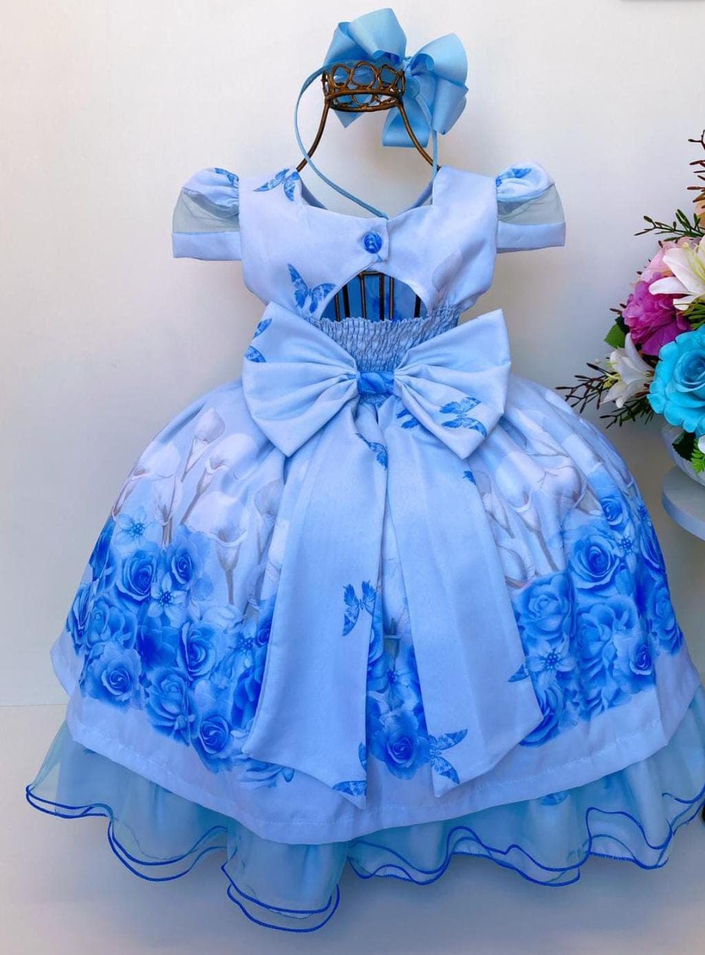 Vestido Infantil Azul Floral Luxo Pérolas
