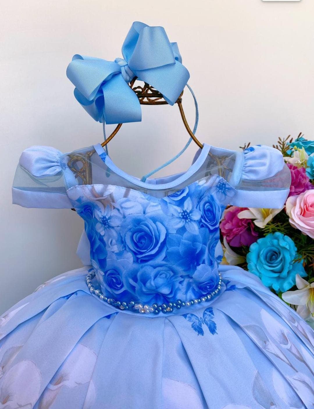 Vestido Infantil Azul Floral Luxo Pérolas
