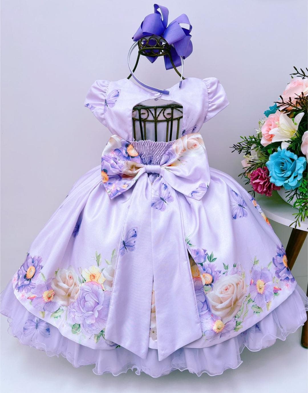 Vestido Infantil Lilás Floral Luxo Cinto de Pérolas Strass