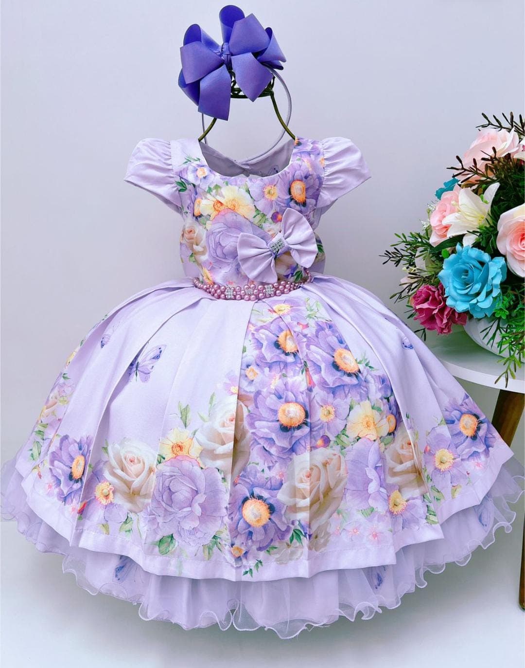 Vestido Infantil Lilás Floral Luxo Cinto de Pérolas Strass