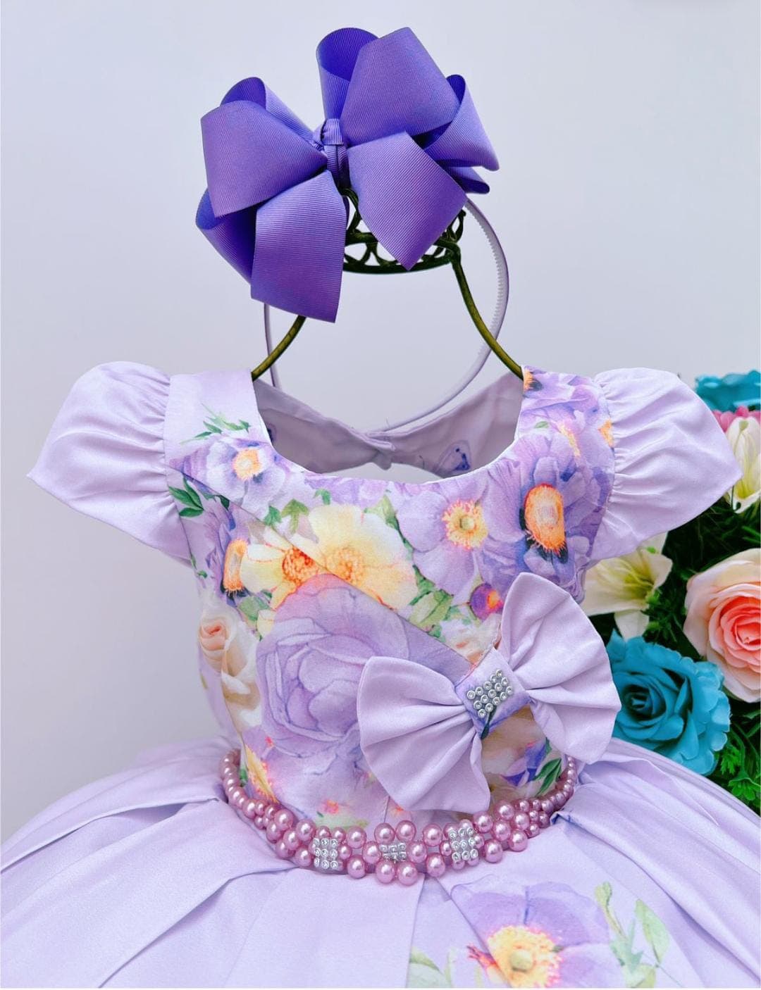 Vestido Infantil Lilás Floral Luxo Cinto de Pérolas Strass