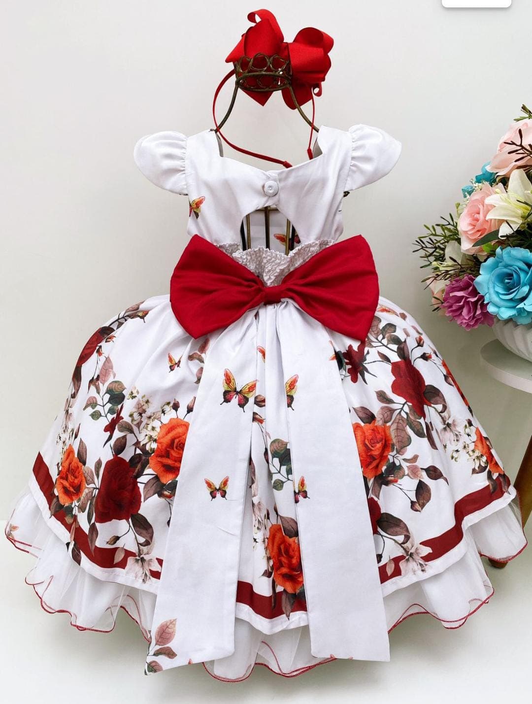 Vestido Infantil Vermelho Floral Aplique Flor Luxo FLoristas