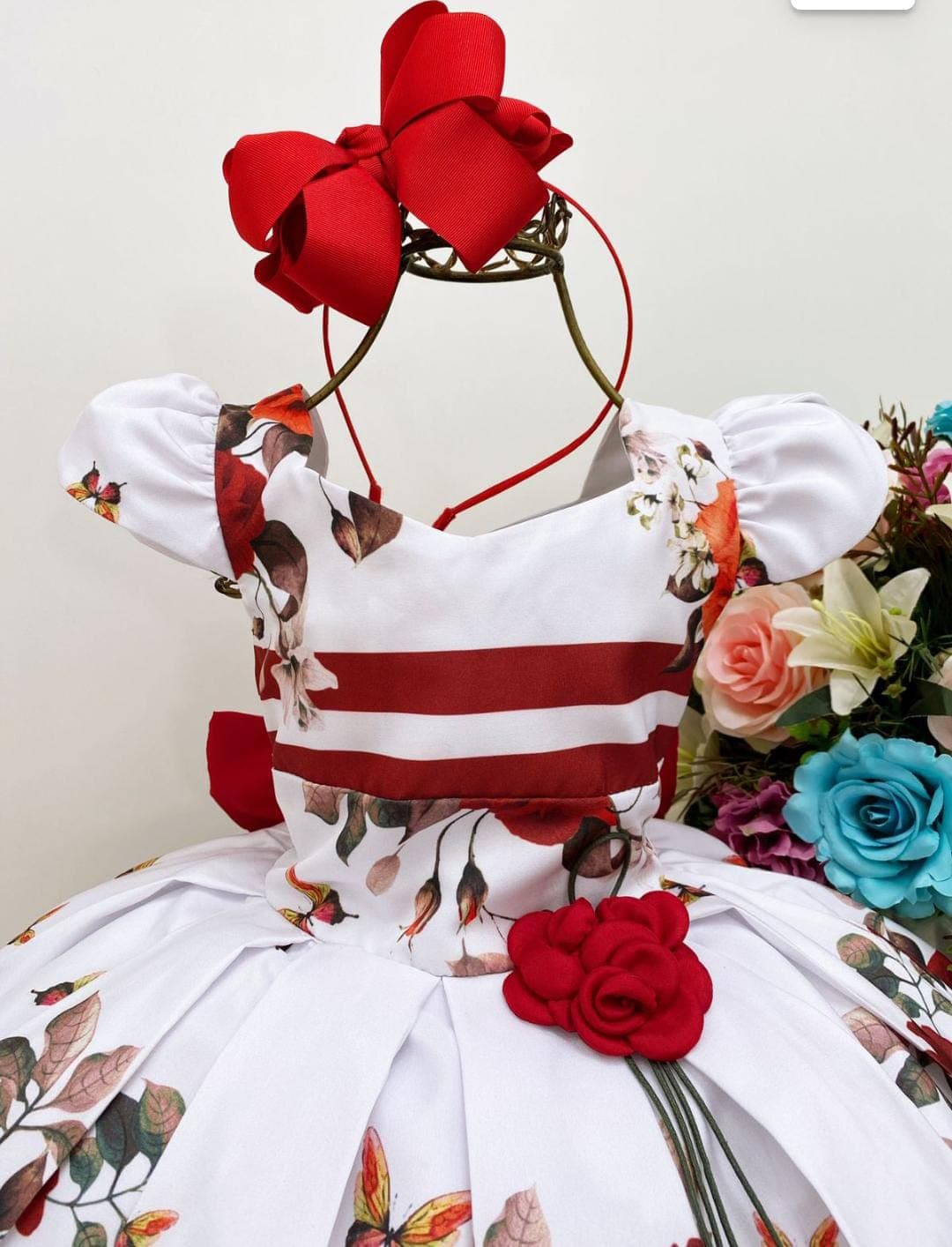 Vestido Infantil Vermelho Floral Aplique Flor Luxo FLoristas