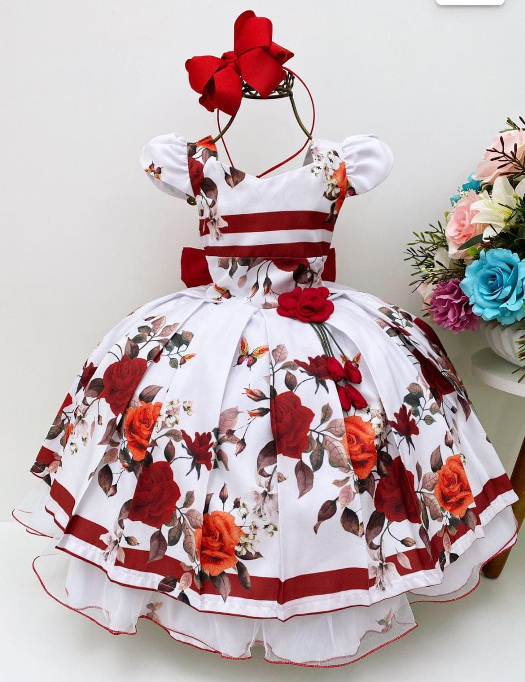 Vestido Infantil Vermelho Floral Aplique Flor Luxo FLoristas