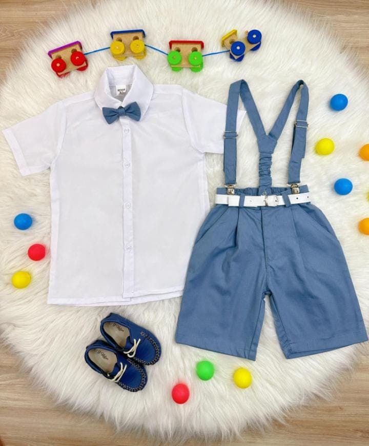 Conjunto Social Camisa Short Gravata e Susp. Azul