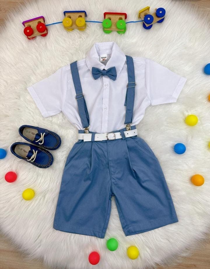 Conjunto Social Camisa Short Gravata e Susp. Azul