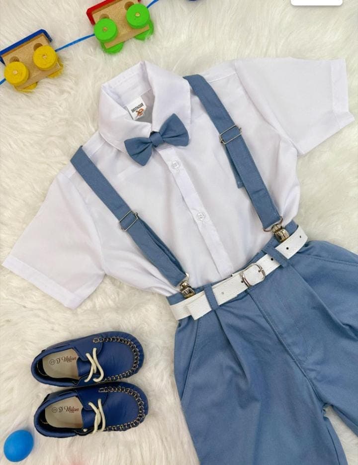 Conjunto Social Camisa Short Gravata e Susp. Azul