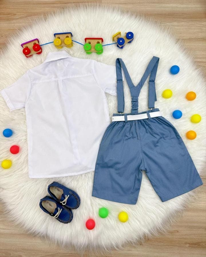 Conjunto Social Camisa Short Gravata e Susp. Azul